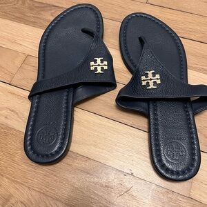 Tory Burch Navy Leather Sandals with Gold Logo - new without box